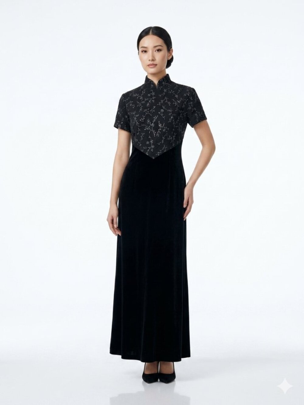 Vintage 90s JESSICA HOWARD Sparkly Velvet Short Sleeve Long Black Dress Med 10